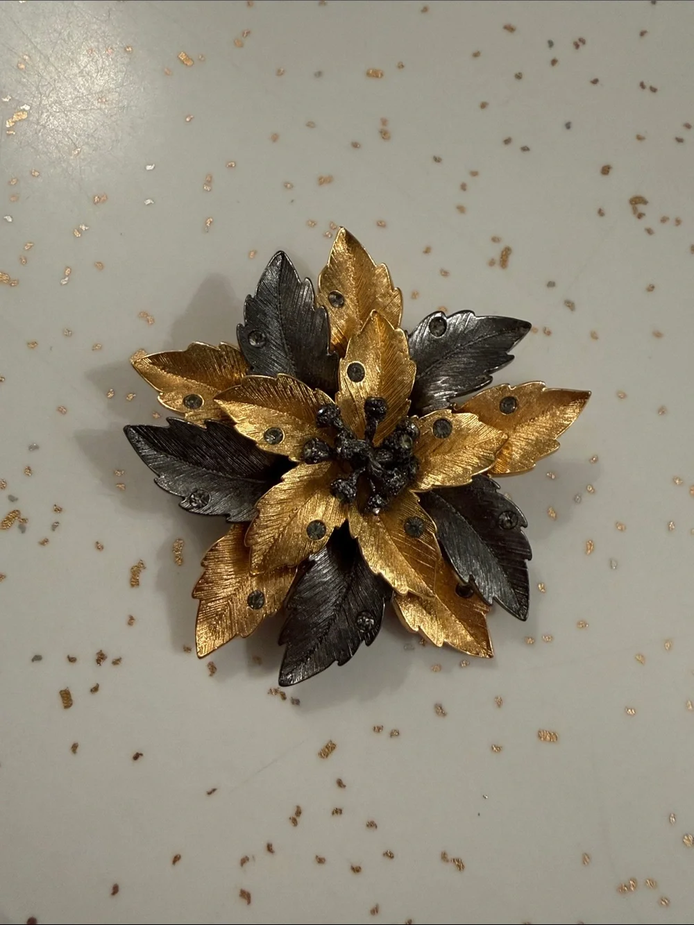 Vintage Joan Rivers Florentine Gold & Black Cactus Flower Brooch Pin